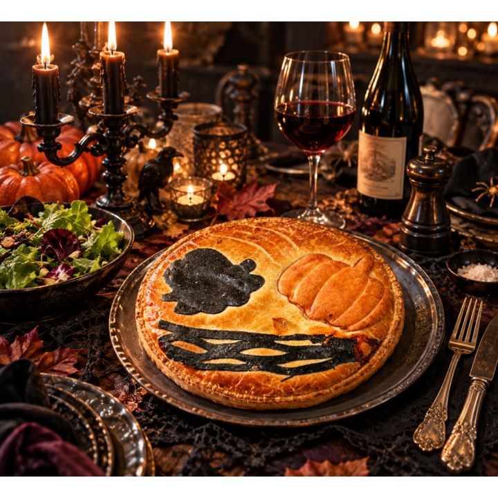 Tourte édition Halloween, effiloché de canard, butternut et patate douce , 4 personnes