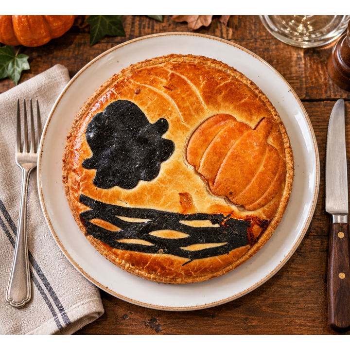 Tourte édition Halloween, effiloché de canard, butternut et patate douce , 4 personnes