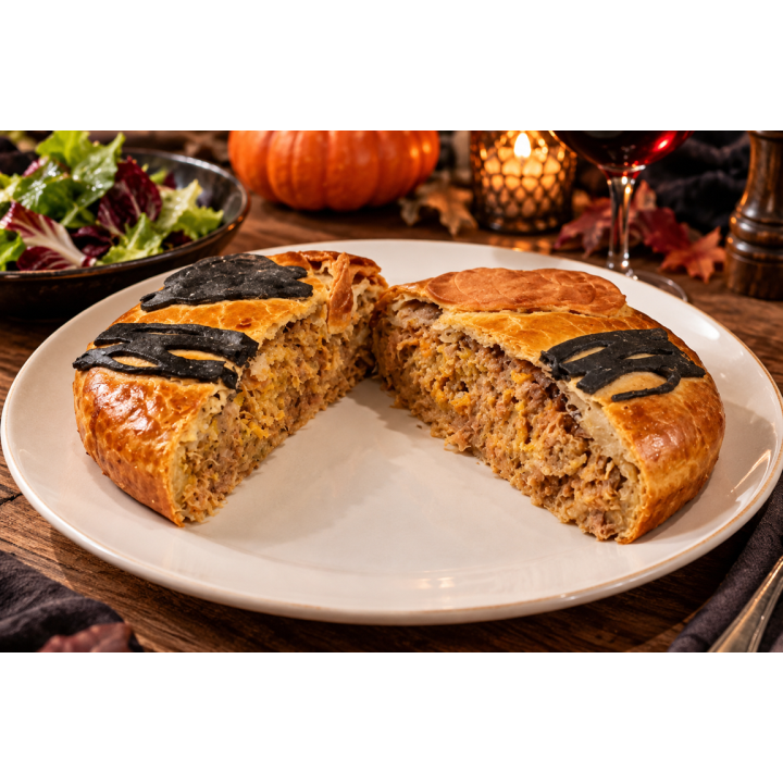 Tourte édition Halloween, effiloché de canard, butternut et patate douce , 4 personnes